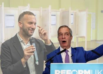 Nigel Farage and Zack Polanski in front of voting booths