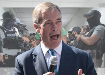 Nigel Farage in front of a lineup of ICE officers