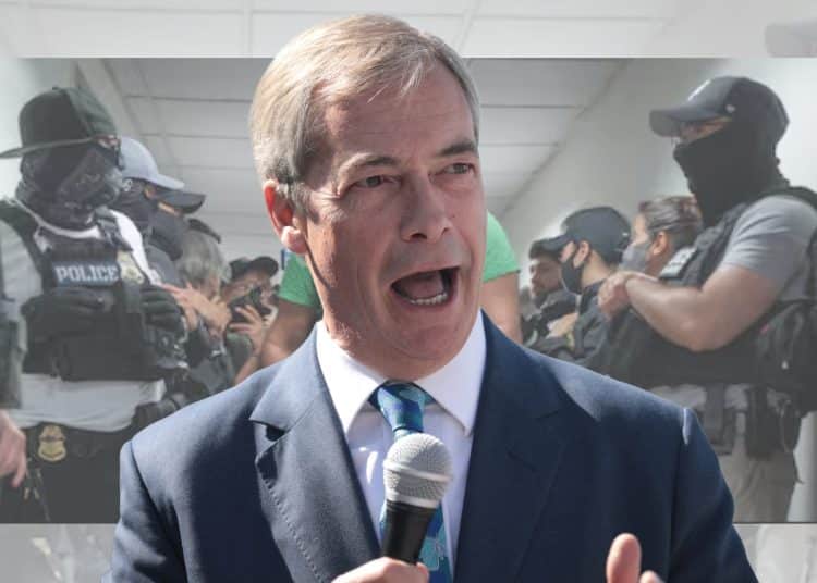 Nigel Farage in front of a lineup of ICE officers