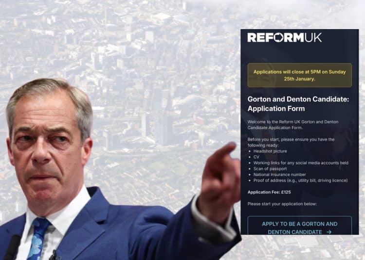Nigel Farage pointing at a REform UK application form