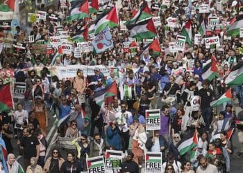 Image from Palestine protests in London. A large crowd with many Palestinian flags and placards