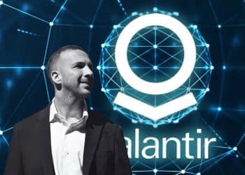Image showing Zack Polanski overlaid on a glowing Palantir logo. Polanski to deliver letter re Palantir NHS contract