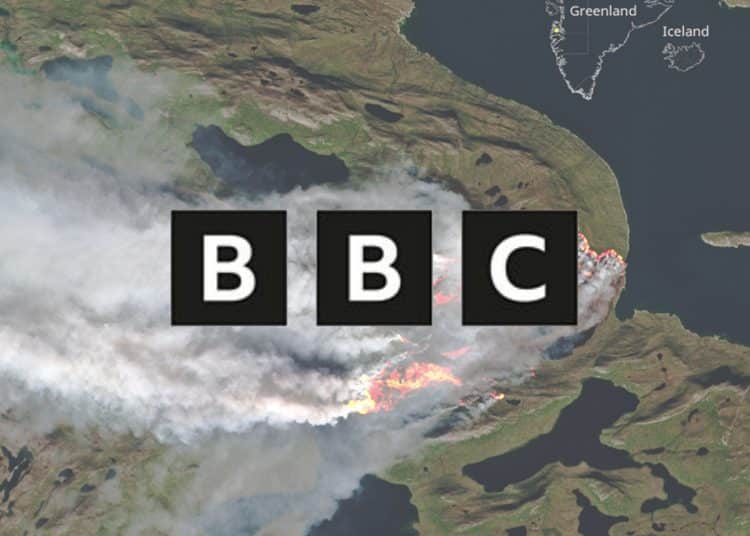 The BBC logo over an image of Greenland fires