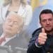 Tommy Robinson in front of an image of Donald Trump sleeping