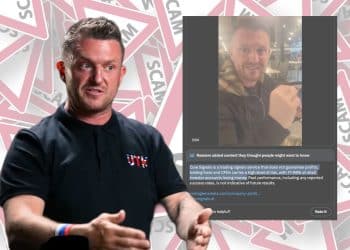 Tommy Robinson superimposed in front of a tweet from Tommy Robinson accused of being a scam
