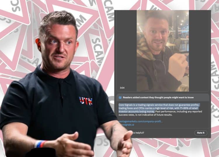 Tommy Robinson superimposed in front of a tweet from Tommy Robinson accused of being a scam