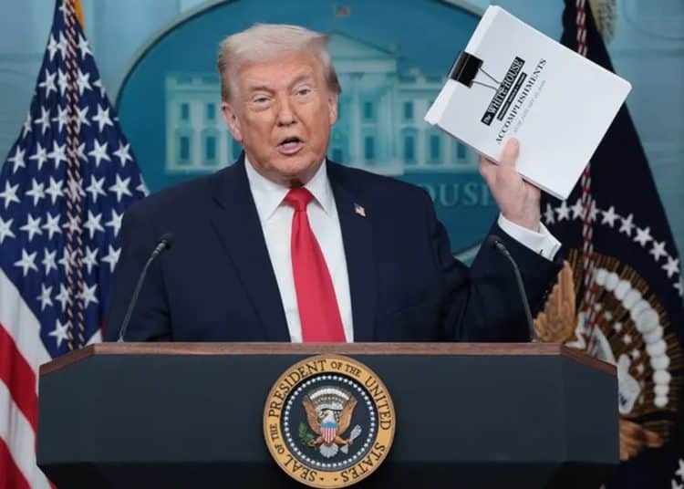 Donald Trump holding a paper titled Accomplishments on 20 January 2026