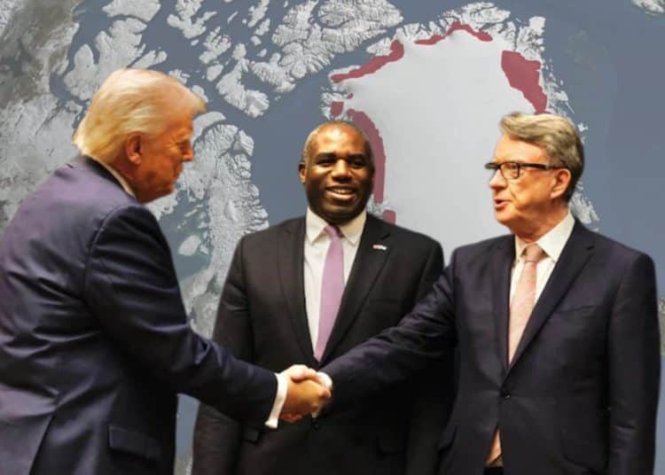 Trump, Lammy, and Mandelson in front of a map of Greenland