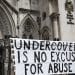 Spycops - A banner outside the Royal Courts Of Justice reads Undercover Is No Excuse For Abuse