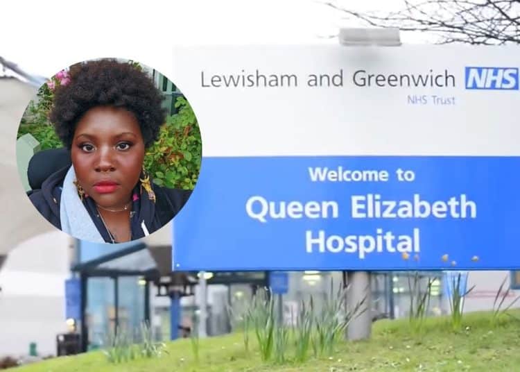 Picture of Savannah Victora-May, with Queen Elizabeth Hospital's entrance sign in the background severe ME medical neglect