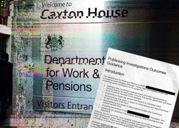 DWP Caxton House sign with vivid colours overlayed like a video glitch. Publicising Investigation Outcomes first page, crumpled and ripped at the bottom is overlaid in the bottom right corner.
