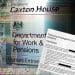 DWP Caxton House sign with vivid colours overlayed like a video glitch. Publicising Investigation Outcomes first page, crumpled and ripped at the bottom is overlaid in the bottom right corner.