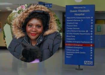 Inside the entrance of Queen Elizabeth Hospital with a welcome sign with directions to different wards. Picture of Savannah smiling with her dog.