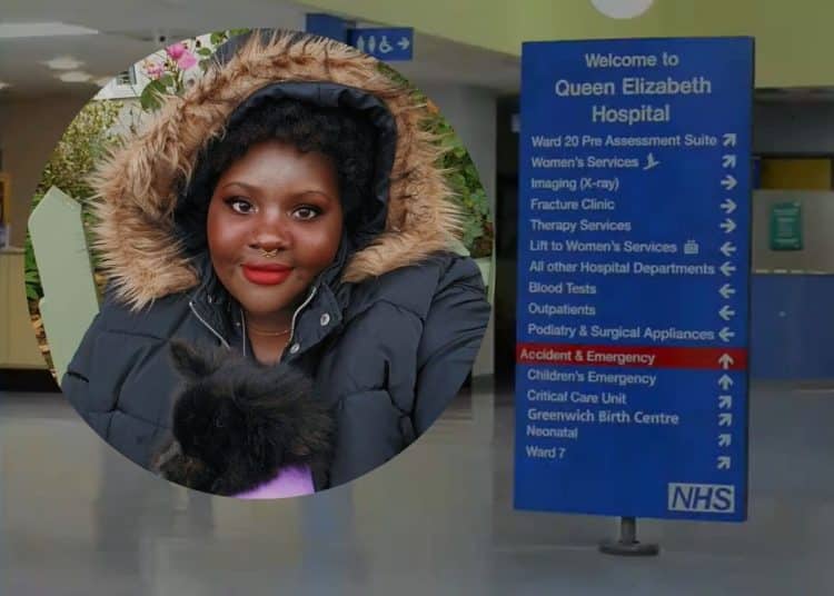 Inside the entrance of Queen Elizabeth Hospital with a welcome sign with directions to different wards. Picture of Savannah smiling with her dog.