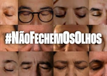 Image of twelve journalists with their eyes shut. Text over the top says #NãoFechemOsOlhos which means Don't Close Your Eyes
