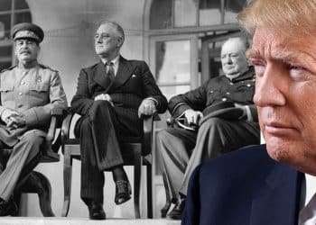 Profile image of Donald Trump over B/W image of world war two leaders Joseph Stalin, Franklin Delano Roosevelt and Winston Churchill