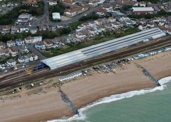 Aerial view of West Marina rail depot in St Leonards, Sussex