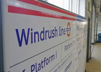 Platform sign for Windrush Line in London