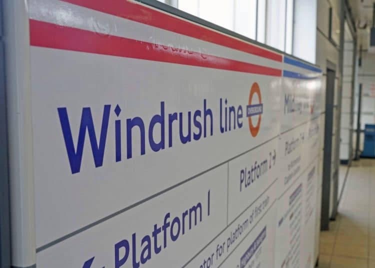Platform sign for Windrush Line in London