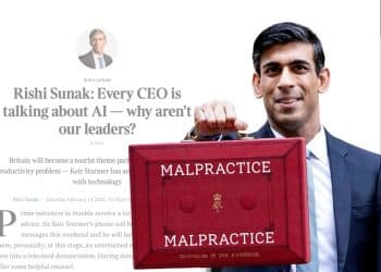 Rishi Sunak holding a briefcase with the word 'MALPRACTICE' on it