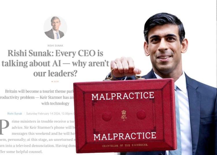 Rishi Sunak holding a briefcase with the word 'MALPRACTICE' on it