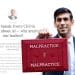 Rishi Sunak holding a briefcase with the word 'MALPRACTICE' on it