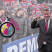 Leader of Britain First, Paul Golding in front of a crowd of far right. The Stand Up to Racism logo is in on the left hand side.