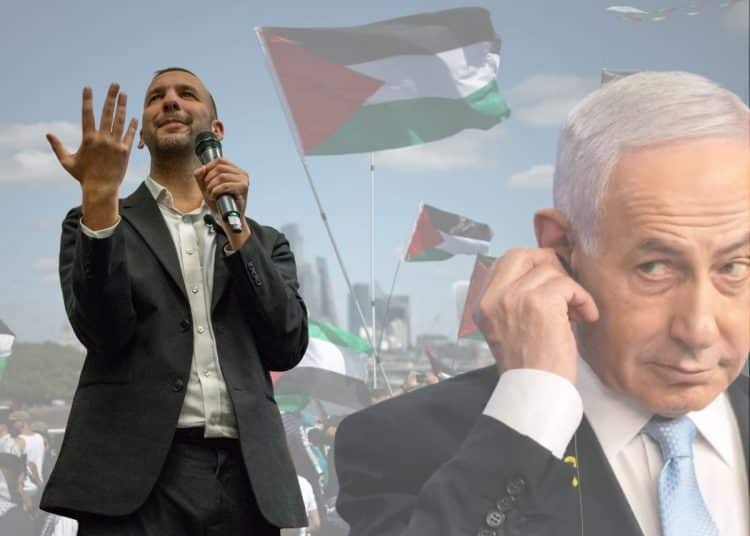 Zack Polanski, Benjamin netanyahu, and Palestine flags