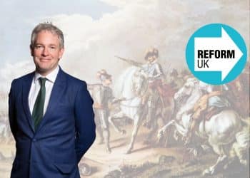 Danny Kruger, the Reform UK logo, and a painting of the Civil War
