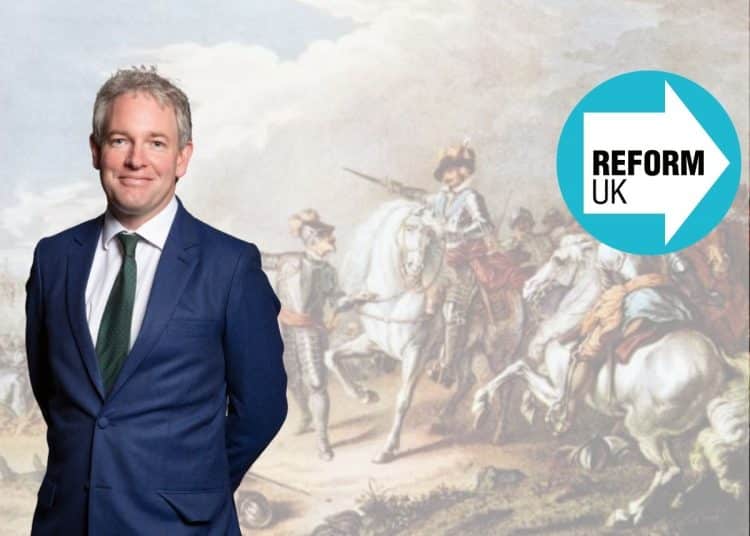 Danny Kruger, the Reform UK logo, and a painting of the Civil War