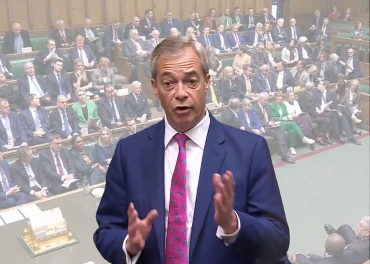Nigel Farage superimposed in front of parliament