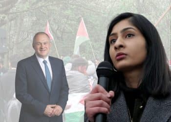 Zarah Sultana and Ed Davey in front of a pro-Palestine march