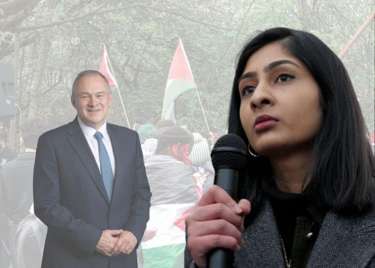 Zarah Sultana and Ed Davey in front of a pro-Palestine march