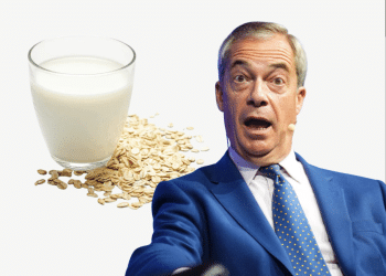 Nigel Farage in front of oat milk