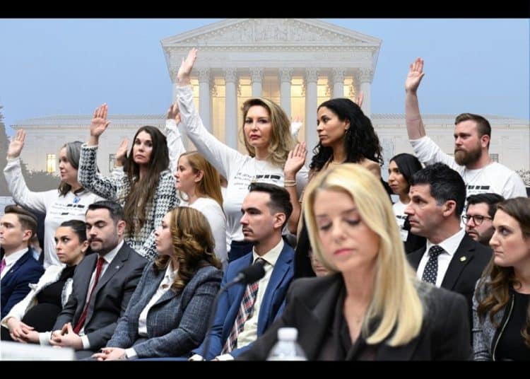 Epstein victims standing behind Pam Bondi