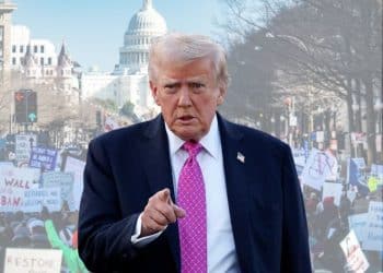 Trump superimposed over protesters