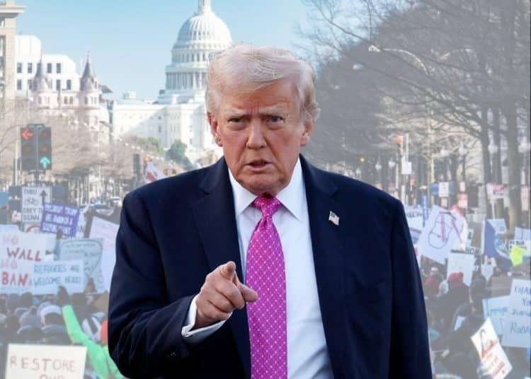 Trump superimposed over protesters