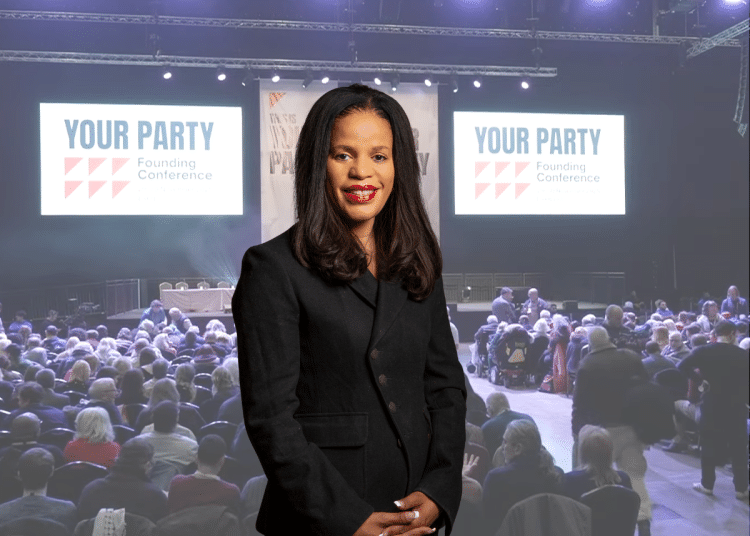 Claudia Webbe in front of Your Party conference image