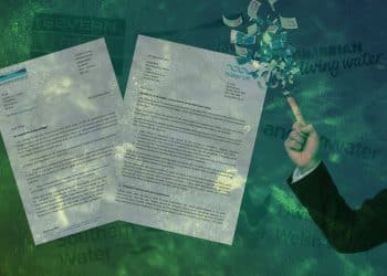 Letters from Yorkshire Water and Water UK to Ofwat. An arm in a suit pointing up, with twenty pound notes floating in the air above. Water company logos in the background with green textured overlay. DWP