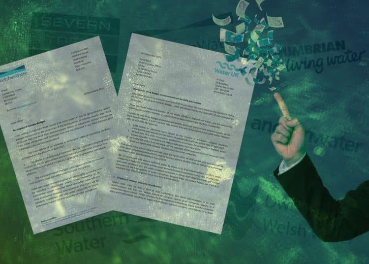 Letters from Yorkshire Water and Water UK to Ofwat. An arm in a suit pointing up, with twenty pound notes floating in the air above. Water company logos in the background with green textured overlay. DWP