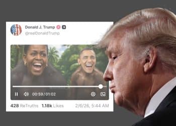 Donald Trump in front of a tweet in which he likened the Obamas to apes