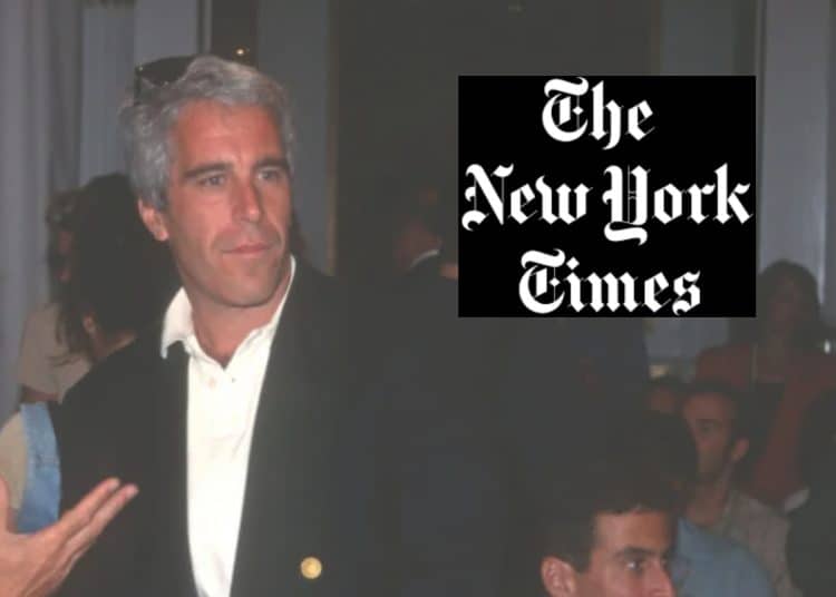Jeffrey Epstein and the New York Times logo