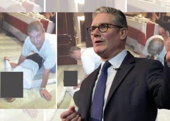 Keir Starmer in front of images of Andrew Windsor looming over a victim