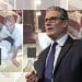 Keir Starmer in front of images of Andrew Windsor looming over a victim