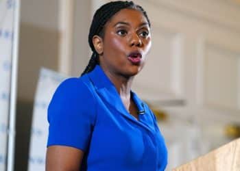 Kemi Badenoch, Conservative party leader, photographed mid-speech