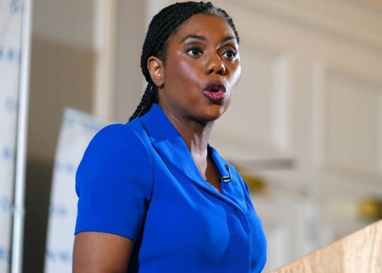 Kemi Badenoch, Conservative party leader, photographed mid-speech