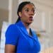 Kemi Badenoch, Conservative party leader, photographed mid-speech
