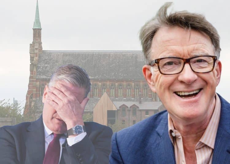Peter Mandelson in front of Keir Starmer in Gorton & Denton