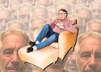 Mandelson in front of images of Jeffrey Epstein