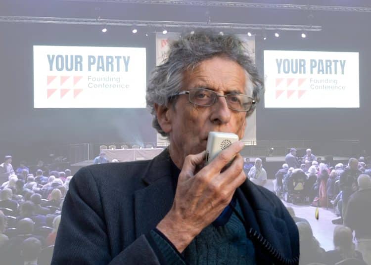 Piers Corbyn superimposed in front of the Your Party conference